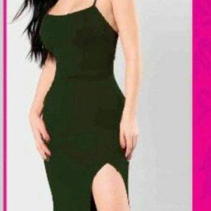Sexy Women Spaghetti Strap Side High Slit Floor Length Dress Green Size Small